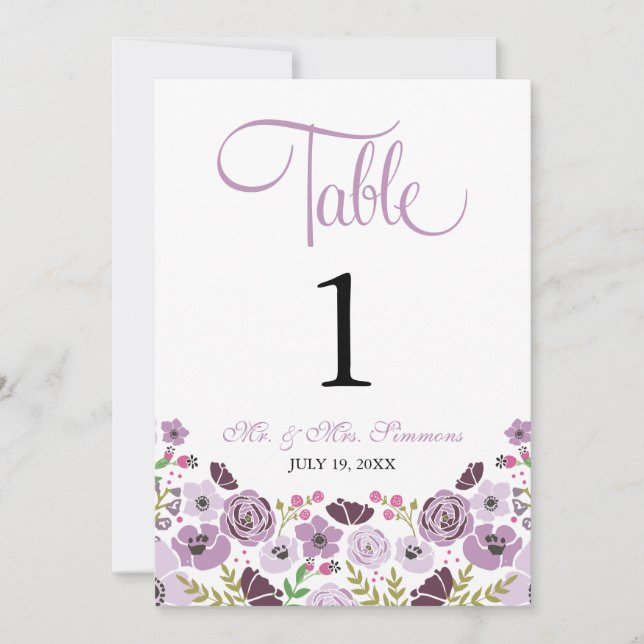Convites Número de Mesa Floral | Roxo (Frente)