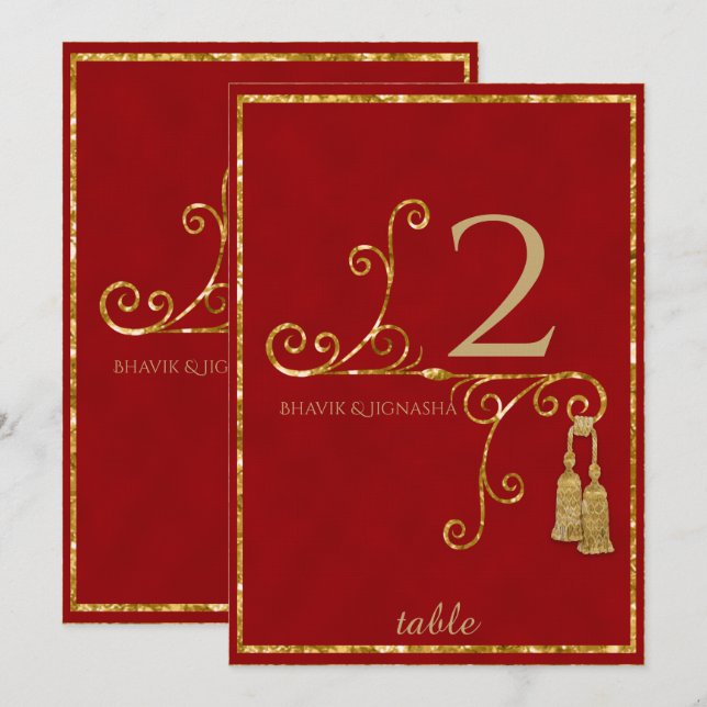 Convites Número de Mesa Indiano com Borla Vermelha e Dourad (Frente/Verso)