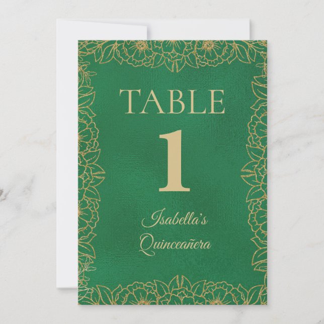 Convites Número de Mesa Quinceañera Ouro Verde Esmeralda (Frente)