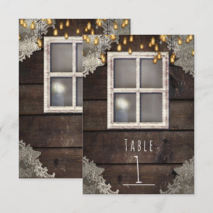 Convites Número de mesa rústico janela e luzes do celeiro v
