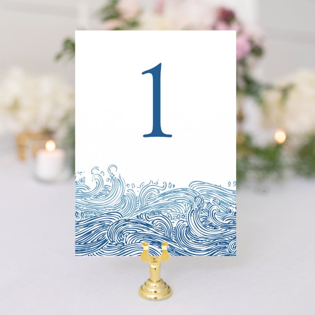 Convites Número de Tabela de Casamento de Ondas do Oceano N (Blue Nautical Ocean Waves wedding table numbers from Concertina Press)