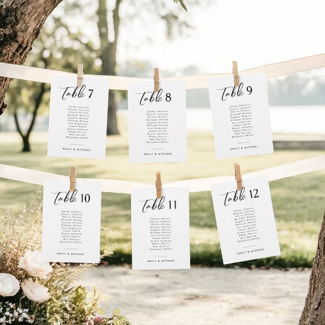Convites Número de Tabela de Casamento de Script Elegante c (White customizable wedding table number with black text listing guest names  pegged to string line)