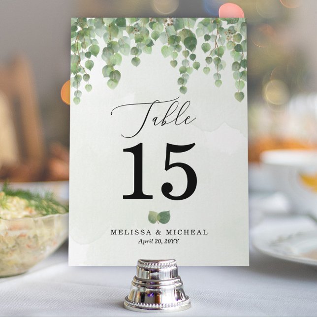Convites Número de Tabela Eucalyptus com Aquarela em Cascat (Elegant Cascading Eucalyptus Table Numbers for Your Modern Wedding or Upscale Event | Choose Size)