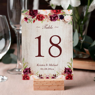 Convites Número de Tabela Floral Russo Woodgrain Burgundy