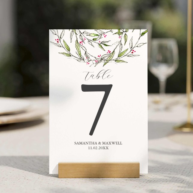 Convites Número de Tabela Imprimível Botânicos de Natal (Table number template features unique watercolor and line art botanicals by Victoria Grigaliunas)