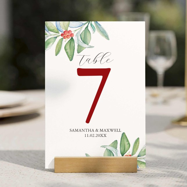 Convites Número de Tabela Imprimível Natal Botânico (Wedding table number ideas features Christmas greenery watercolor art by Victoria Grigaliunas)