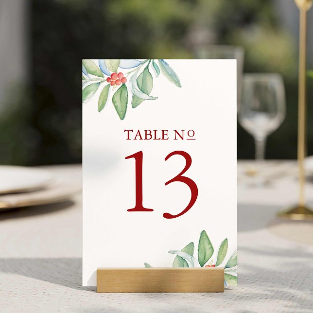 Convites Número de Tabela Imprimível Verde de Natal (Winter wedding table number features unique Christmas greenery watercolor by Victoria Grigaliunas)