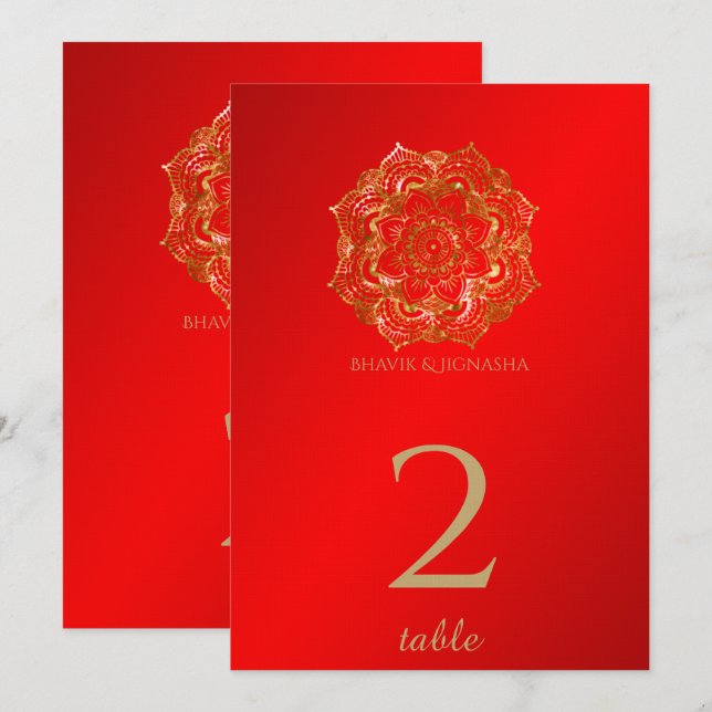 Convites Número de Tabela Índia de Flores Vermelhas e Doura (Frente/Verso)