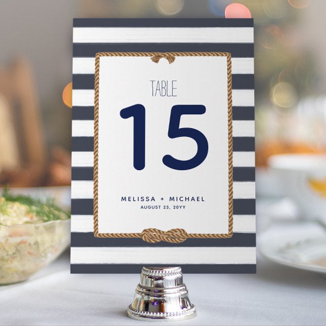 Convites Número de Tabela Náutica do Nó Azul e Branco do ma (Modern Navy and White Striped Nautical Wedding or Event Table Numbers (Available for Download))
