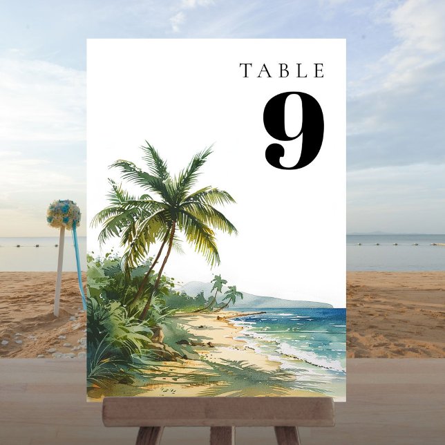 Convites Número de Tabela Tropical de Praia Moderna em Wate (Modern Watercolor Tropical Beach Table Number)