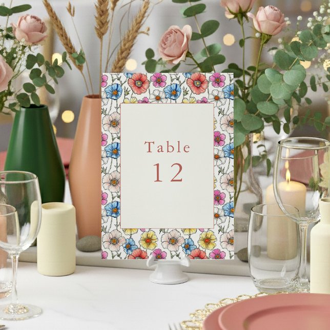 Convites Número do quadro das flores silvestres coloridas (Bright wildflowers wedding table number place card.)