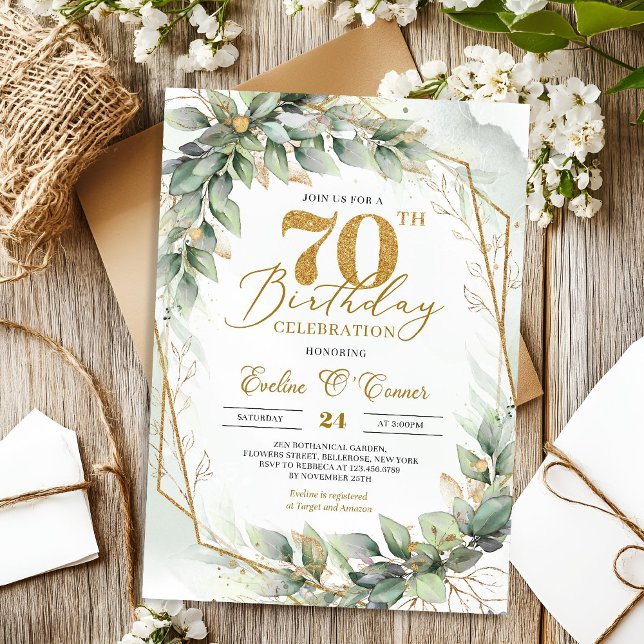 Convites número Dourado de anos de 70 de eucalipto com aqua (Spring watercolor dusty green eucalyptus and gold 70th birthday invitation digital)