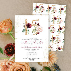 Convites Número Floral 15 Burgundy Gold Quinceañera