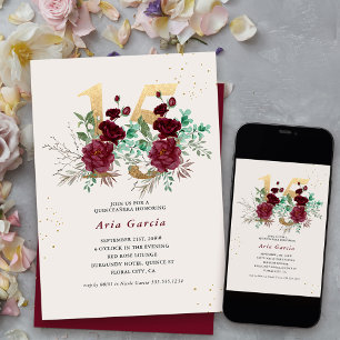 Convites Número Floral 15 Burgundy Vermelho e Dourado Quinc