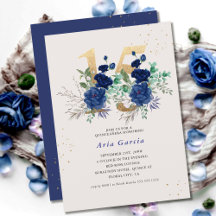 Número Floral 15 Quinceanera Azul Real e Dourado