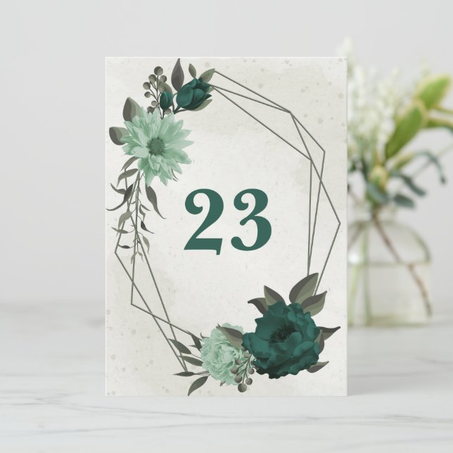 Convites número geométrico da mesa das flores verdes esmera (Em pé/Frente)