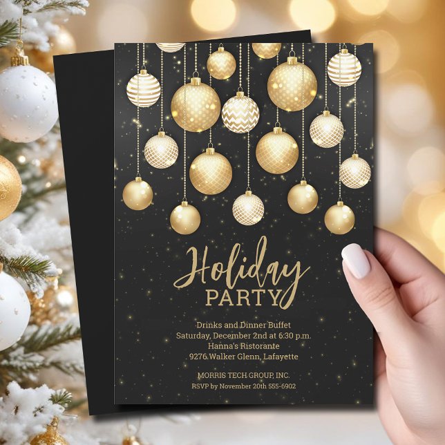 Convites Números de Árvores de Natal (White and gold Christmas tree ornaments holiday business party invitations)
