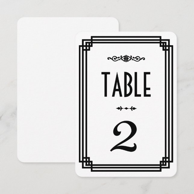Convites Números de Mesa Art Déco Simples Branco e Preto (Frente/Verso)