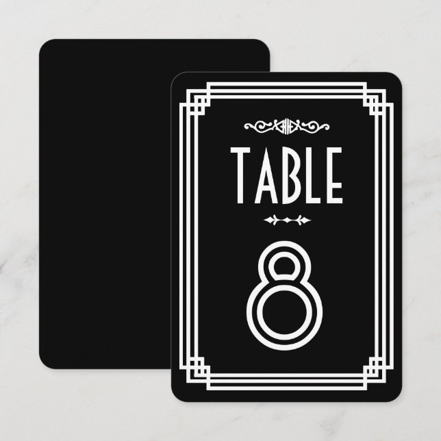 Convites Números de Mesa Art Déco Simples Preto e Branco (Frente/Verso)
