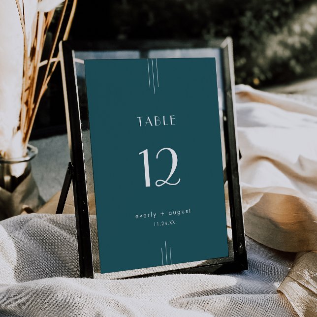 Convites Números de Mesa Casamento Art Déco Everly Pavão Az (EVERLY Art Deco Peacock Teal Wedding Table Numbers)