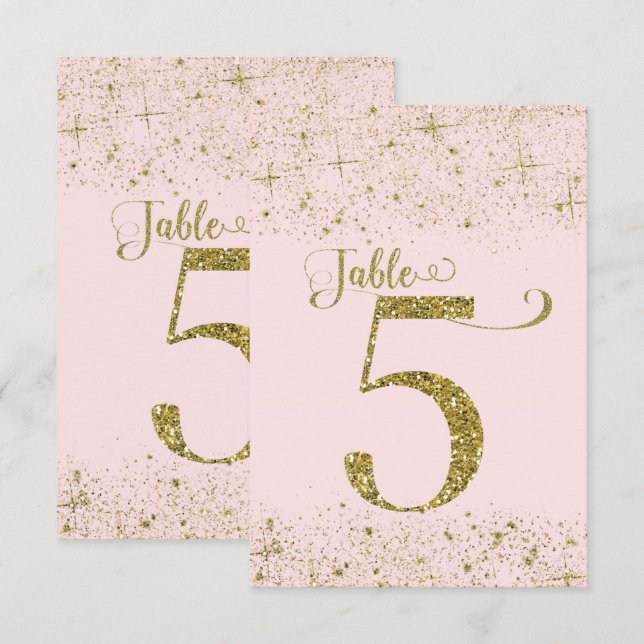 Convites Números de Mesa com Brilho Rosa Dourado Número 5 (Frente/Verso)