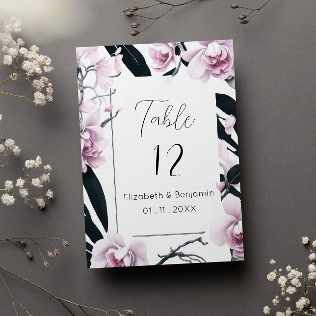 Convites Números de mesa com flores de orquídea preta rosa  (Watercolor pink black orchid flowers Table Numbers)