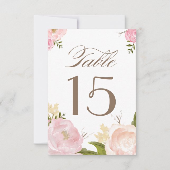 Convites Números de Mesa com Flores em Aquarela Romântica C (Frente)