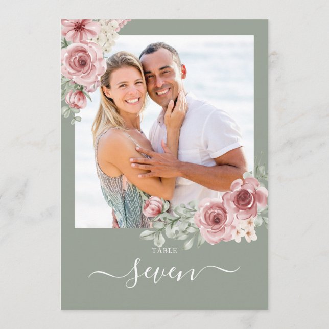 Convites Números de Mesa com Fotos de Rosas Florais em Verd (Verso)