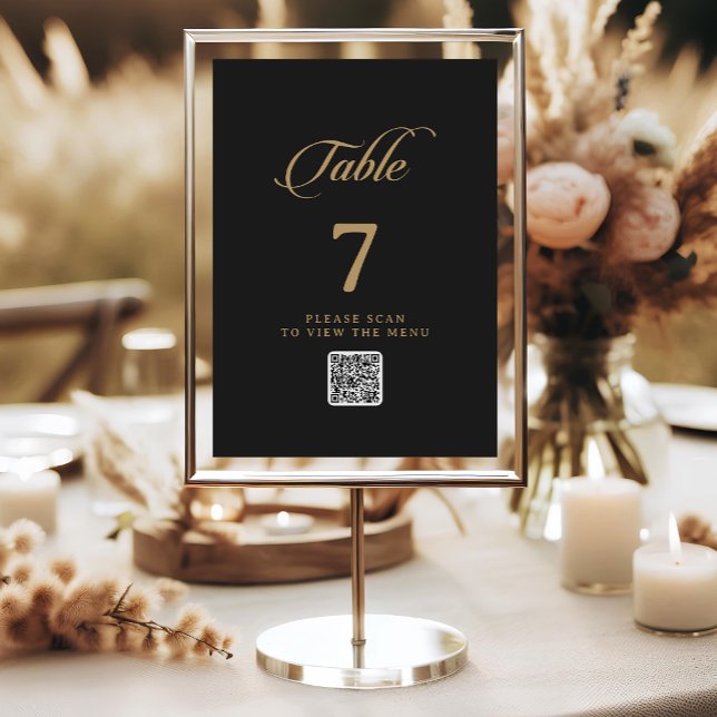 Convites Números de Mesa com QR Code Clássico Preto e Doura (Criador carregado)
