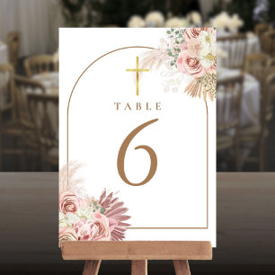 Convites Números de Mesa Cruz Dourada Floral com Grama das 