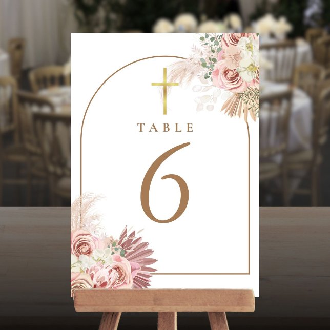 Convites Números de Mesa Cruz Dourada Floral com Grama das  (Pampas Grass Floral Gold Cross Table Numbers)