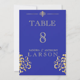 Convites Números de Mesa Damask Azul e Dourado Elegantes