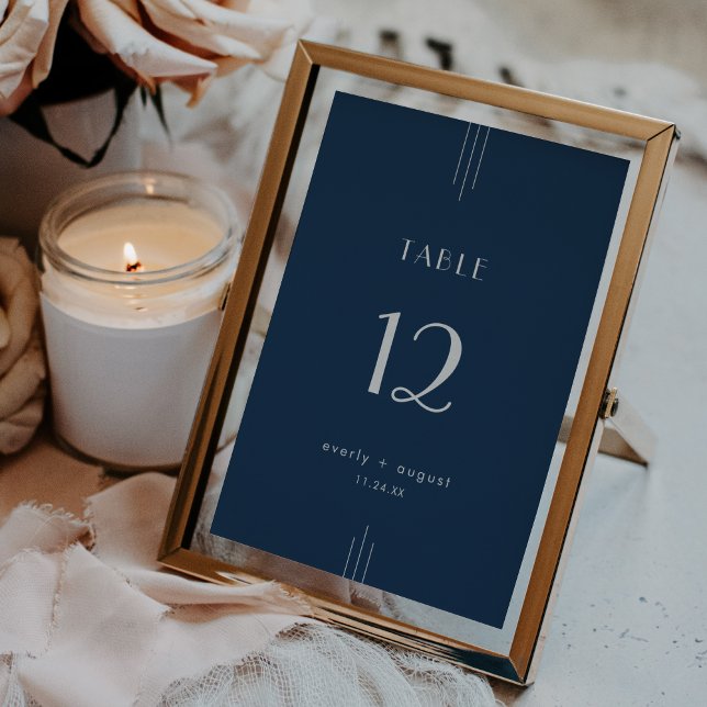 Convites Números de Mesa de Casamento Art Déco Azul Marinho (EVERLY Art Deco Navy Blue Wedding Table Numbers)