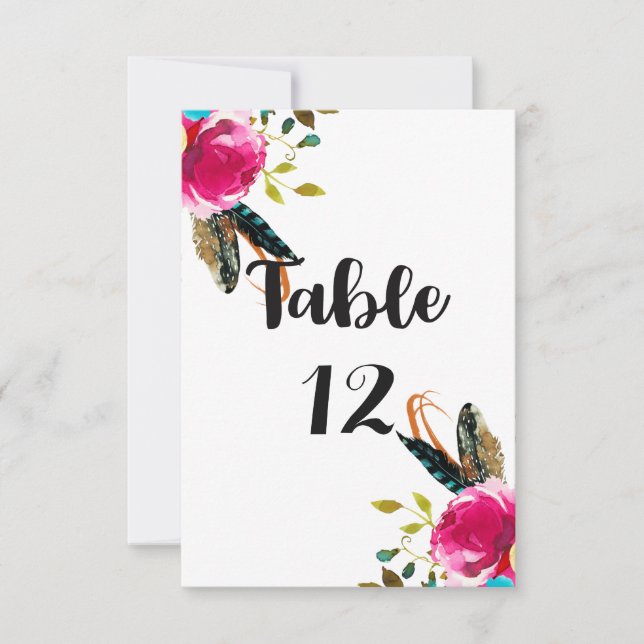 Convites Números de Mesa de Casamento Boho Chic Floral Aqua (Frente)