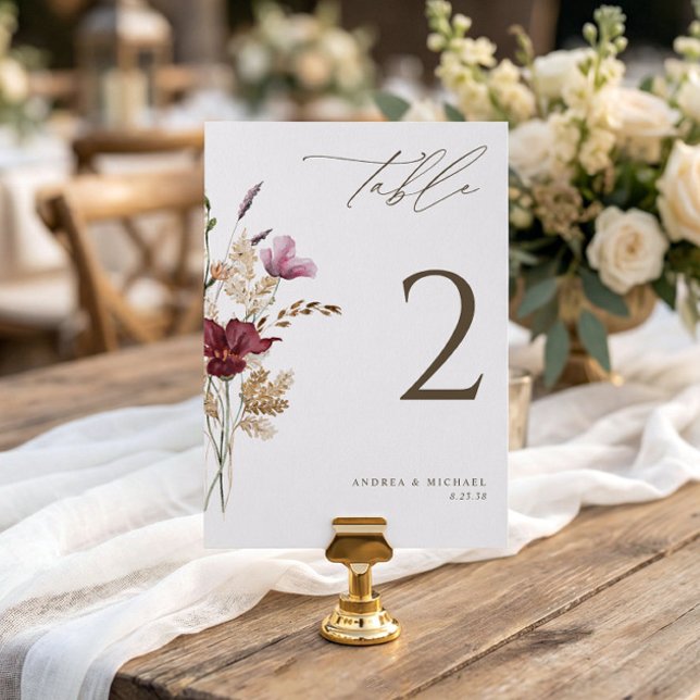 Convites Números de Mesa de Casamento Boho Wildflowers Eleg (Elegant fall wildflowers wedding table numbers - double-sided - 5x7)