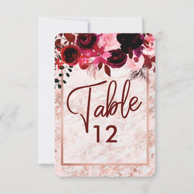 Convites Números de Mesa de Casamento Burgundy Floral & Ros (Frente)