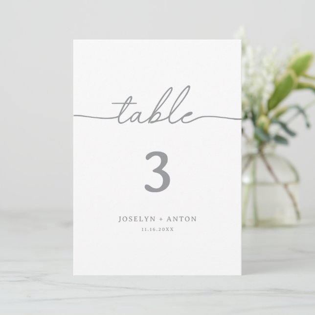 Convites Números de Mesa de Casamento Cinza Caligrafia Eleg (Em pé/Frente)