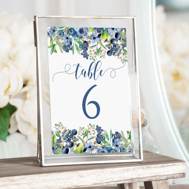 Convites Números de mesa de casamento com flores azuis eleg (Criador carregado)