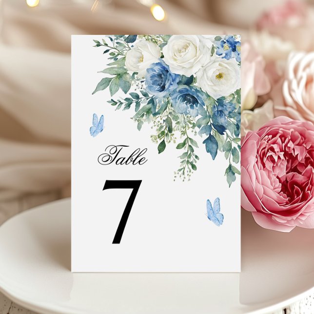 Convites Números de Mesa de Casamento com Flores Azuis Empo (Criador carregado)