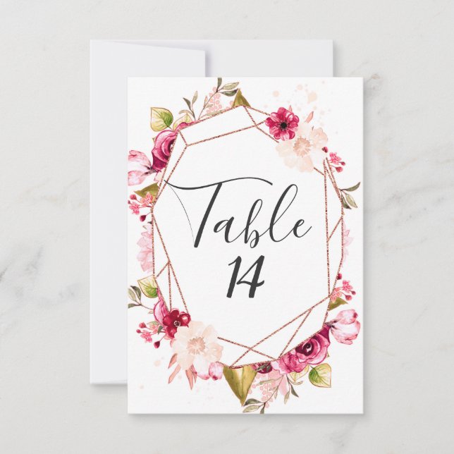 Convites Números de Mesa de Casamento em Rose Gold Borgonha (Frente)