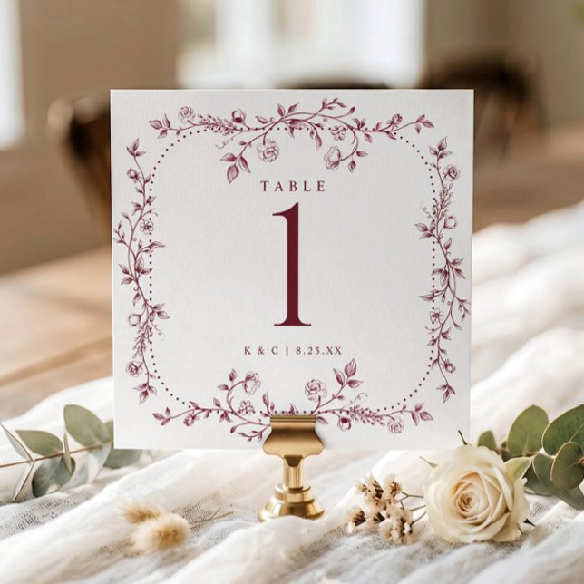 Convites Números de Mesa de Casamento em Tonalidade Bordeau (Burgundy red square wedding table number with vintage French floral frame.)