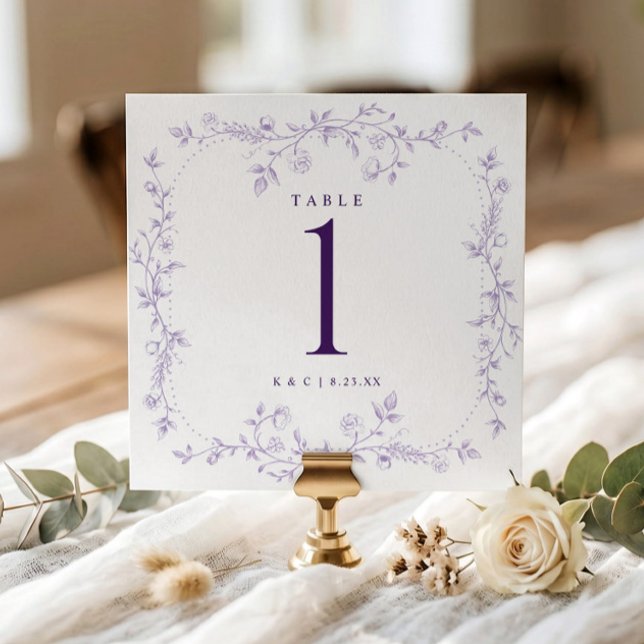 Convites Números de Mesa de Casamento Florais Roxos Claros  (Lavender purple square wedding table number with vintage French floral frame.)