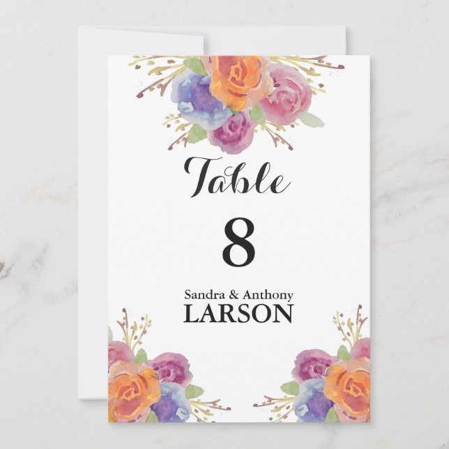 Convites Números de Mesa de Casamento Floral Aquarela Brilh (Frente)
