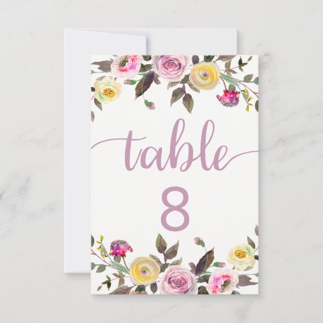 Convites Números de Mesa de Casamento Floral Aquarela Rosa  (Frente)