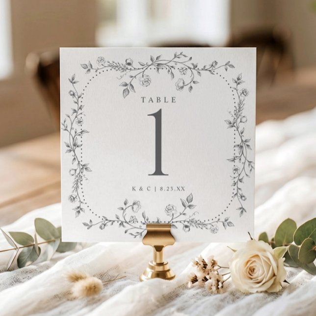 Convites Números de Mesa de Casamento Floral Francês Cinza  (Silver gray square wedding table number with vintage French floral frame.)