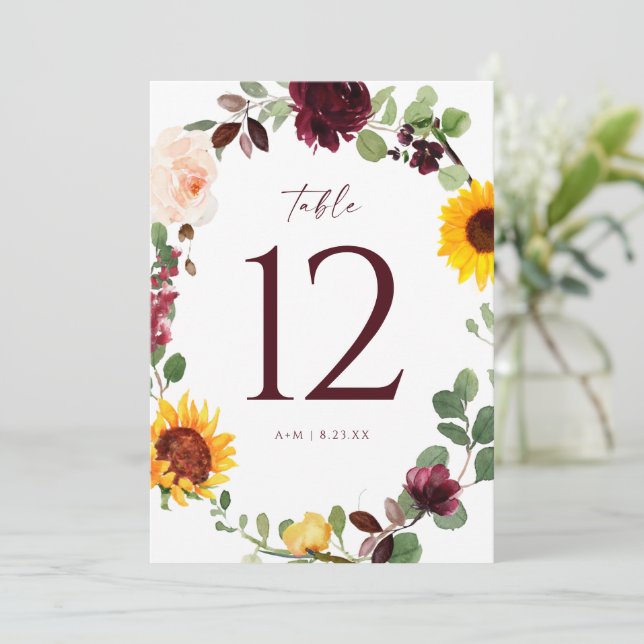 Convites Números de Mesa de Casamento Girassóis Rosas Verme (Em pé/Frente)