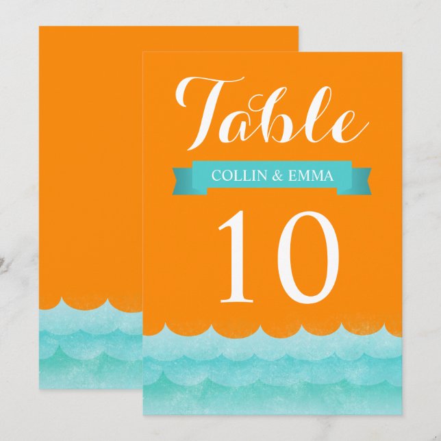 Convites Números de Mesa de Casamento Náutico Laranja no Ma (Frente/Verso)