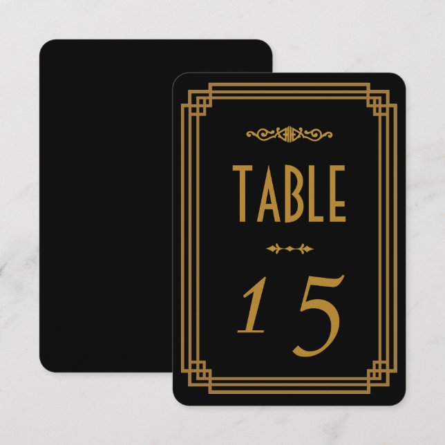 Convites Números de Mesa de Casamento Preto Art Deco (Frente/Verso)