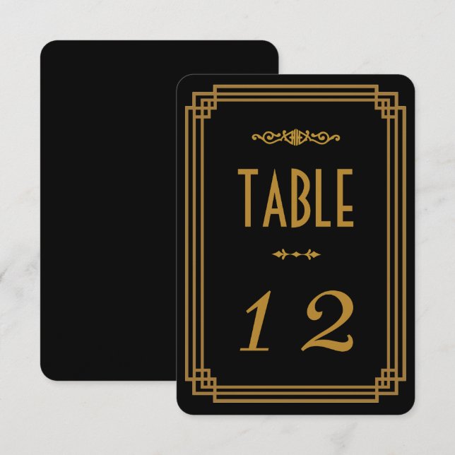 Convites Números de Mesa de Casamento Preto Art Deco (Frente/Verso)