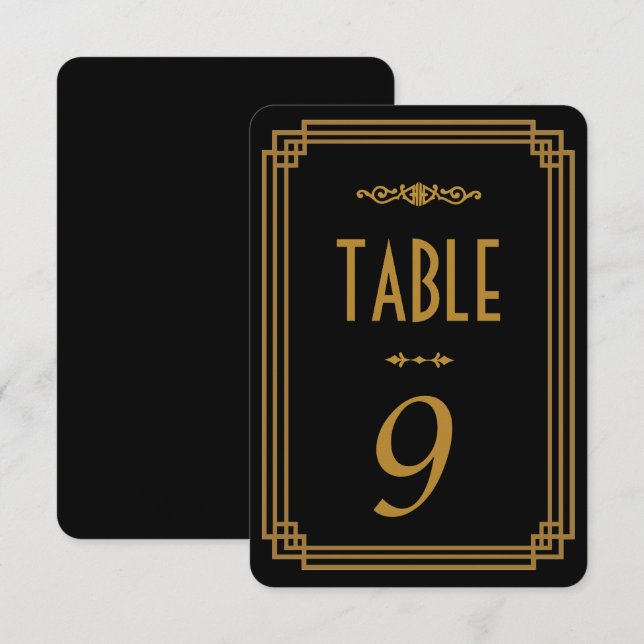 Convites Números de Mesa de Casamento Preto Art Deco (Frente/Verso)